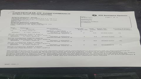 UTC Aerospace Systems Certificate of Conformance photograph