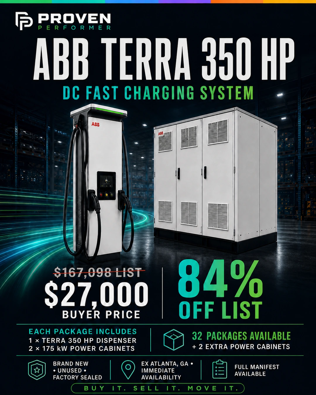 ABB Terra 350 HP sell sheet showing $27,000 buyer price and 84% off list