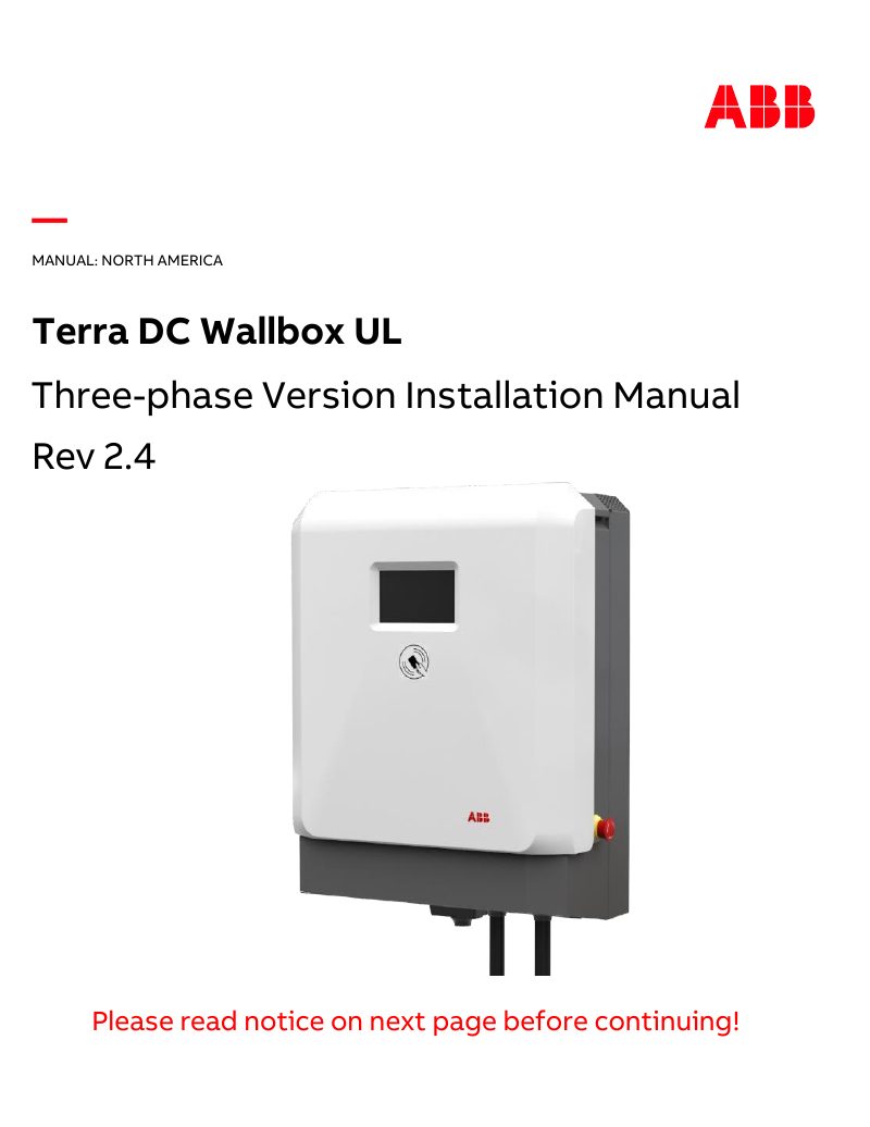 Front page of the ABB Terra DC Wallbox UL three-phase installation manual