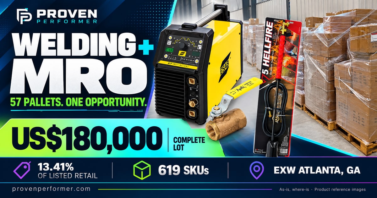 57 pallets of new welding and MRO inventory — US$180,000 complete lot