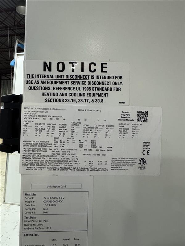 Photographed Marvair ICE CGA3150 nameplate and test card