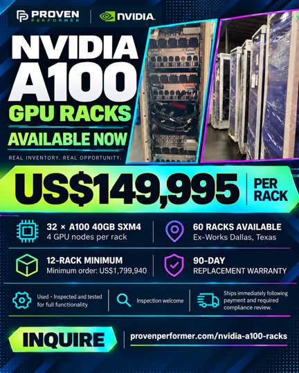 NVIDIA A100 sell sheet: US$149,995 per rack, 60 available, 12-rack minimum and 90-day replacement warranty