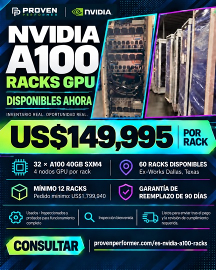 Ficha comercial NVIDIA A100: US$149,995 por rack, 60 disponibles, mínimo 12 racks y garantía de reemplazo de 90 días