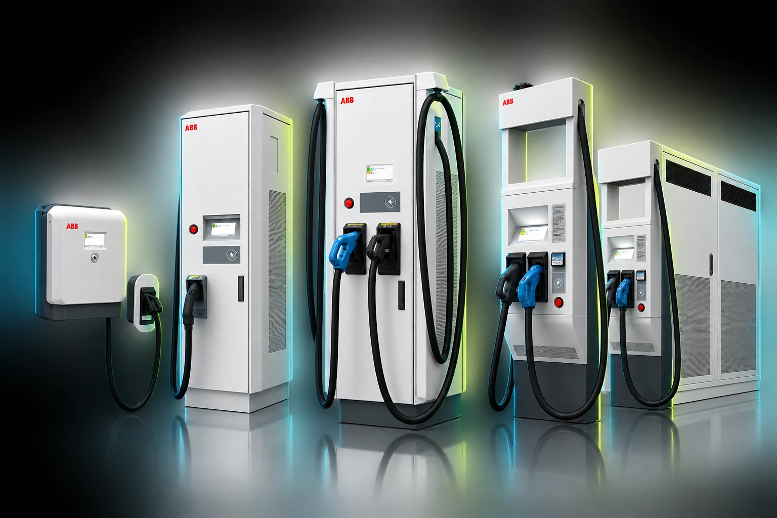 Illustration showing examples of ABB EV chargers and power cabinets