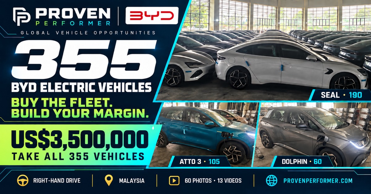 BYD 355-vehicle offer graphic with actual fleet photographs and US$3.5 million take-all price