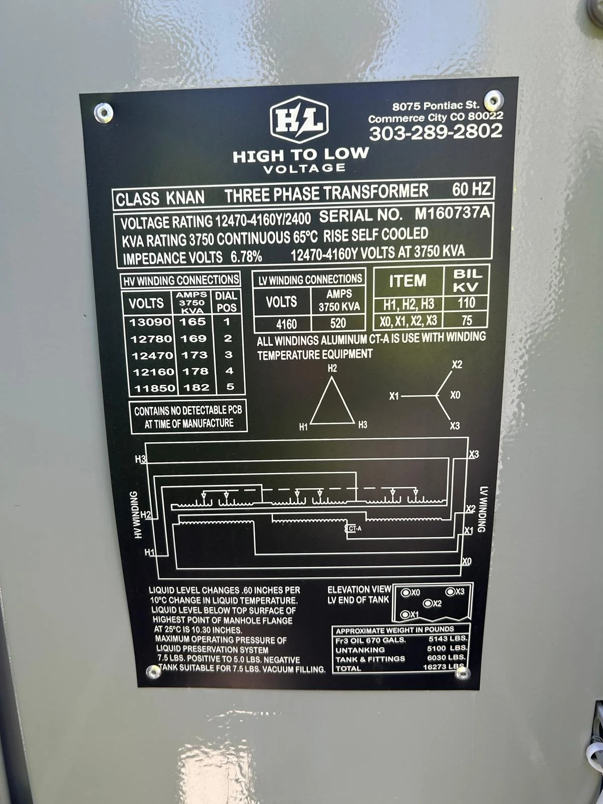 High to Low Voltage 3,750 kVA transformer nameplate for serial M160737A