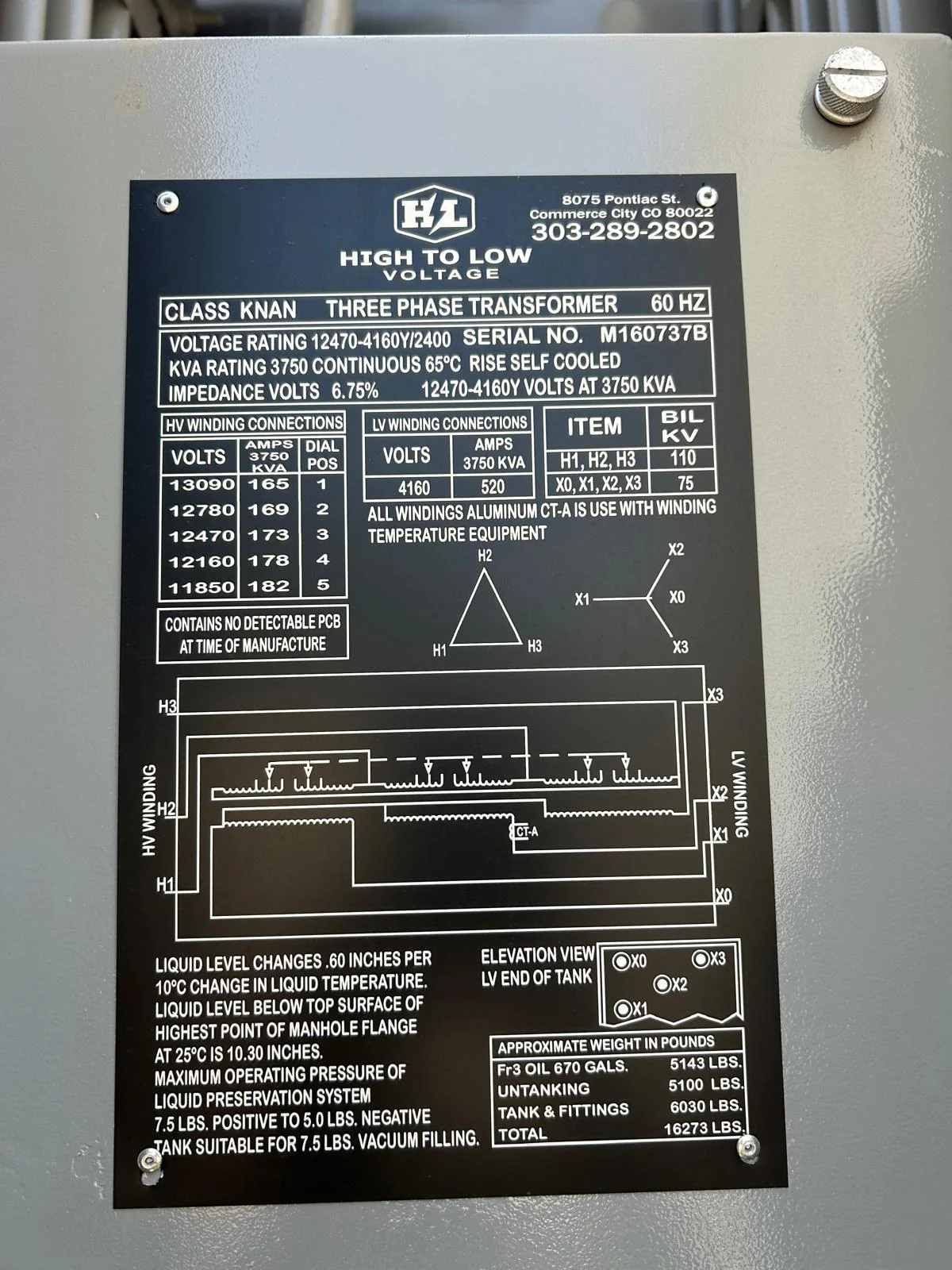 High to Low Voltage 3,750 kVA transformer nameplate for serial M160737B