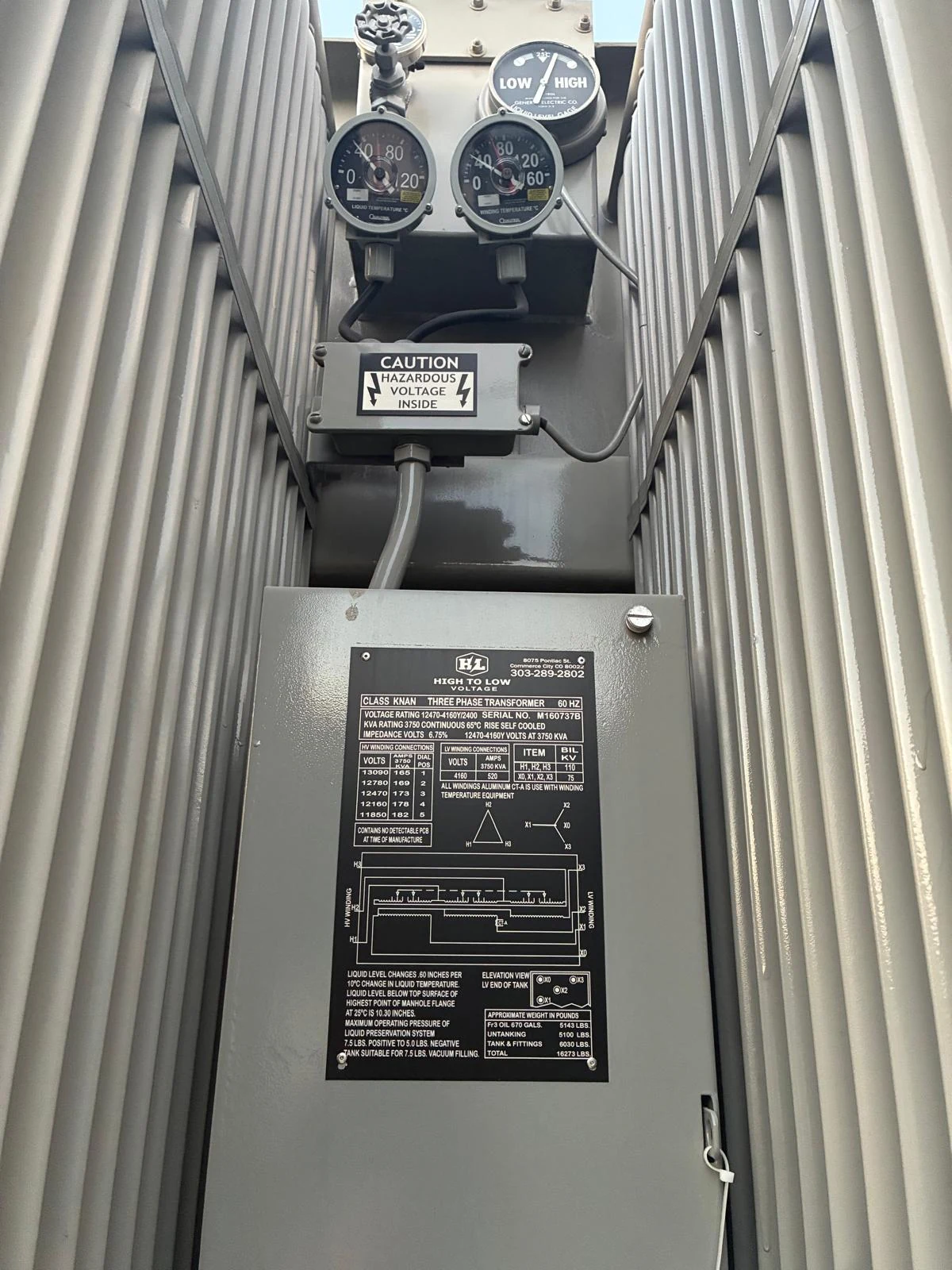 High to Low Voltage 3,750 kVA transformer nameplate and instrumentation