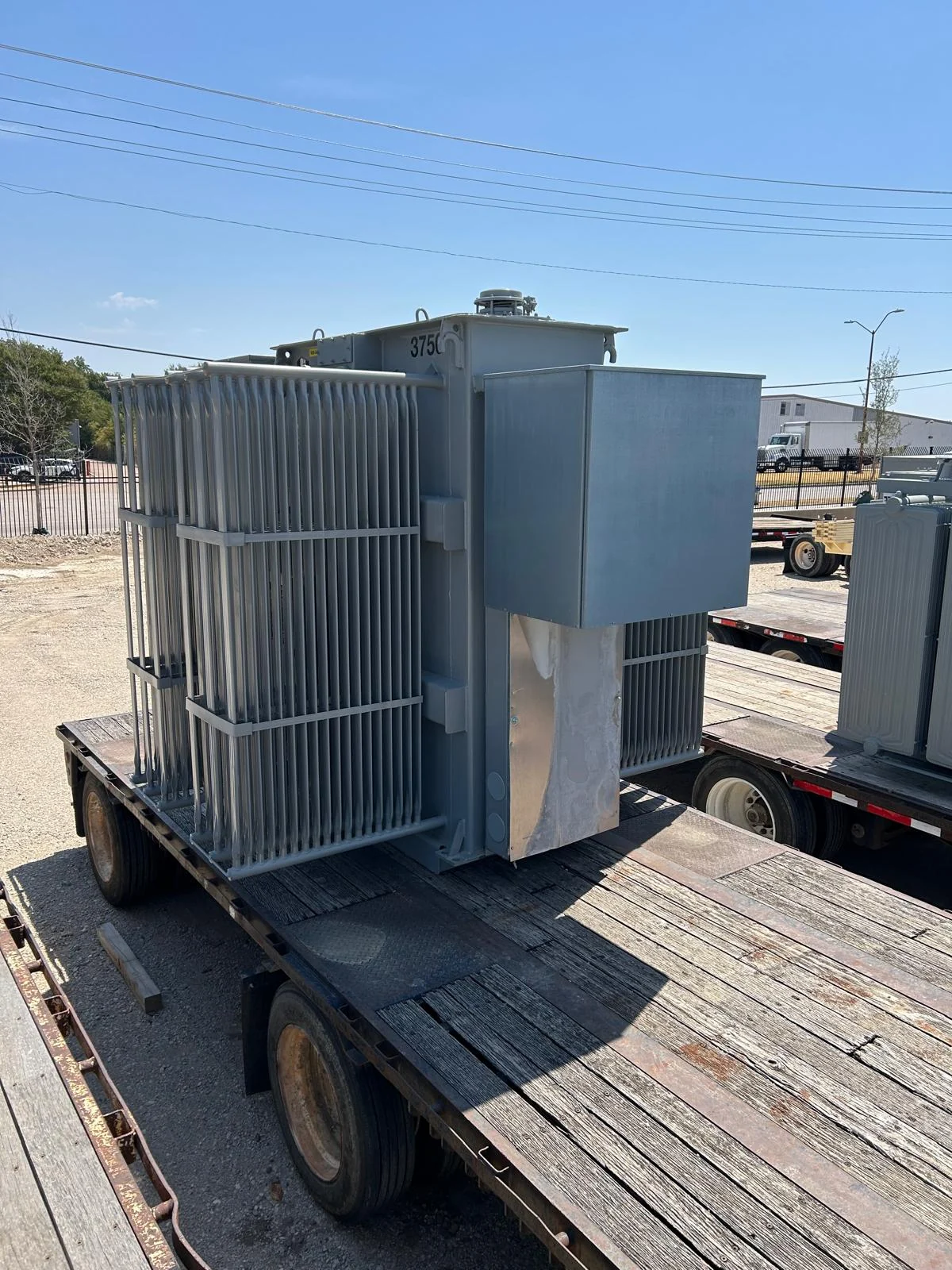 De-installed 3,750 kVA transformer on a transport trailer in Irving, Texas