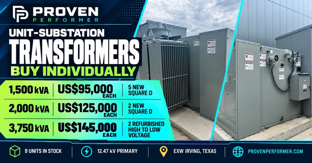 Buy individual transformers: five new Square D 1,500 kVA units at US$95,000 each, two new Square D 2,000 kVA units at US$125,000 each, and two refurbished High to Low Voltage 3,750 kVA units at US$145,000 each