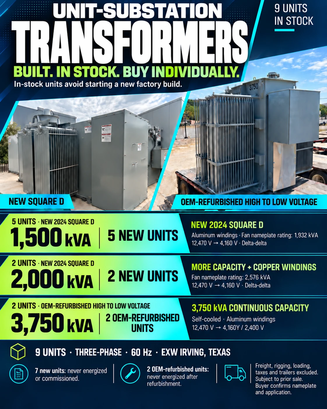 Unbranded unit-substation transformer sell sheet with specifications for five new 1,500 kVA, two new 2,000 kVA and two OEM-refurbished 3,750 kVA units, without pricing or contact details