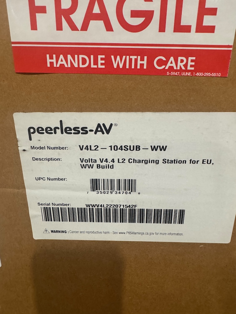 Original carton label identifying V4L2-104SUB-WW as a Volta V4.4 Level 2 Charging Station for EU, WW Build