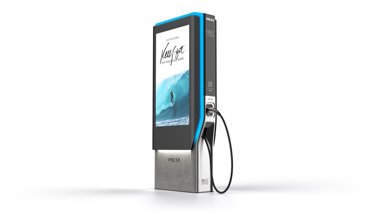 Angled manufacturer reference illustration of a Volta media charging station