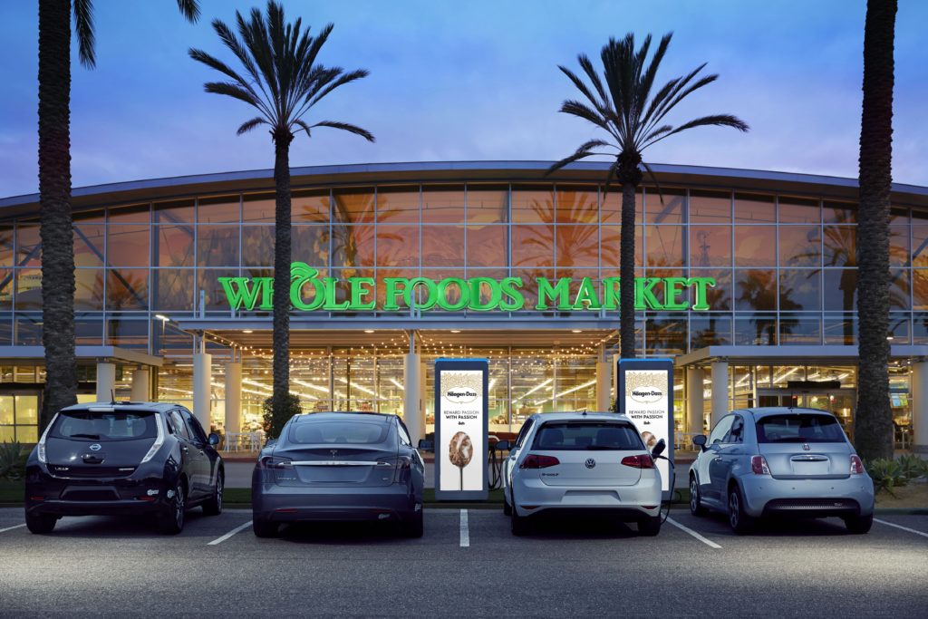 Volta charging stations outside a Whole Foods store; installation reference