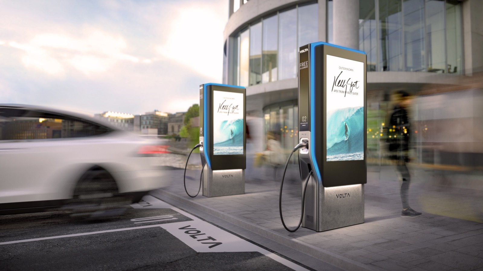Manufacturer reference illustration of Volta charging stations on a streetscape