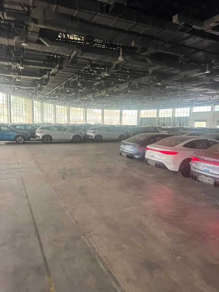 片側に BYD Atto 3 SUV、反対側に BYD Seal セダンが並ぶ、クアラルンプールのFTZ倉庫フロアの全景