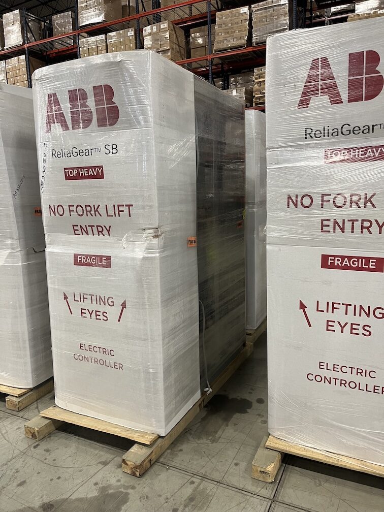 ABB ReliaGear motor control center sections factory wrapped on pallets