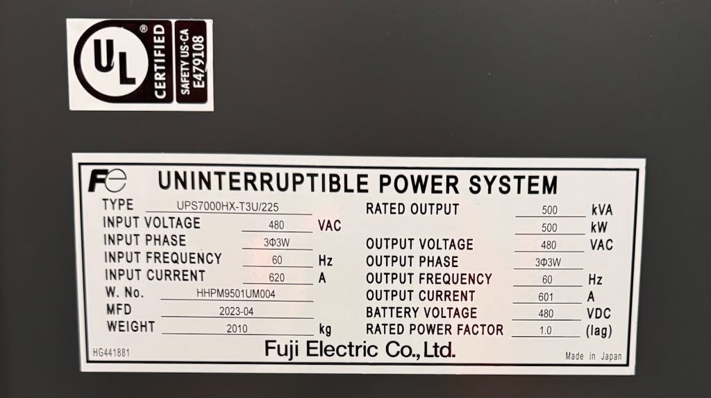 Fuji Electric uninterruptible power system 500kVA UL certified nameplate