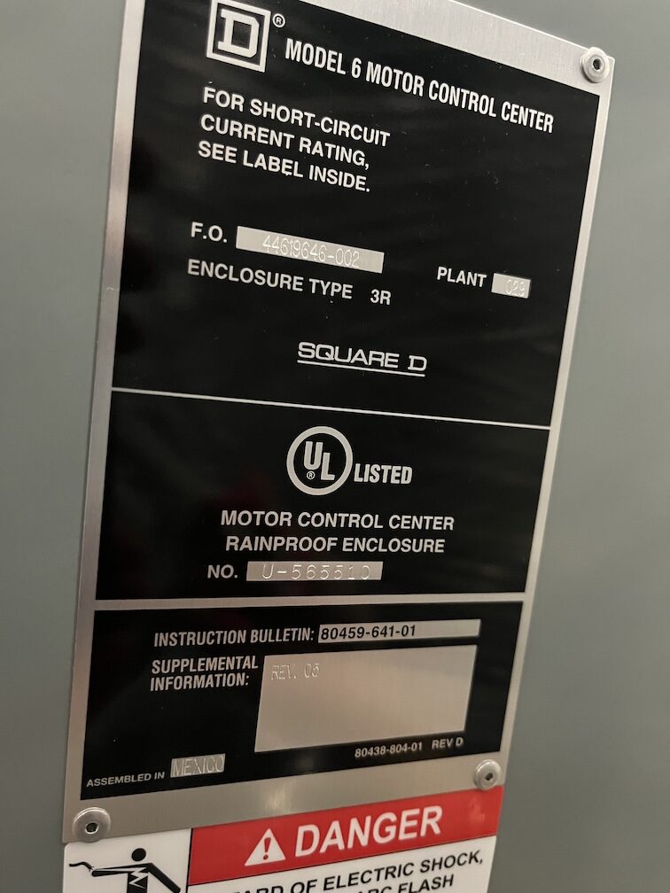 Square D Model 6 motor control center UL-listed nameplate