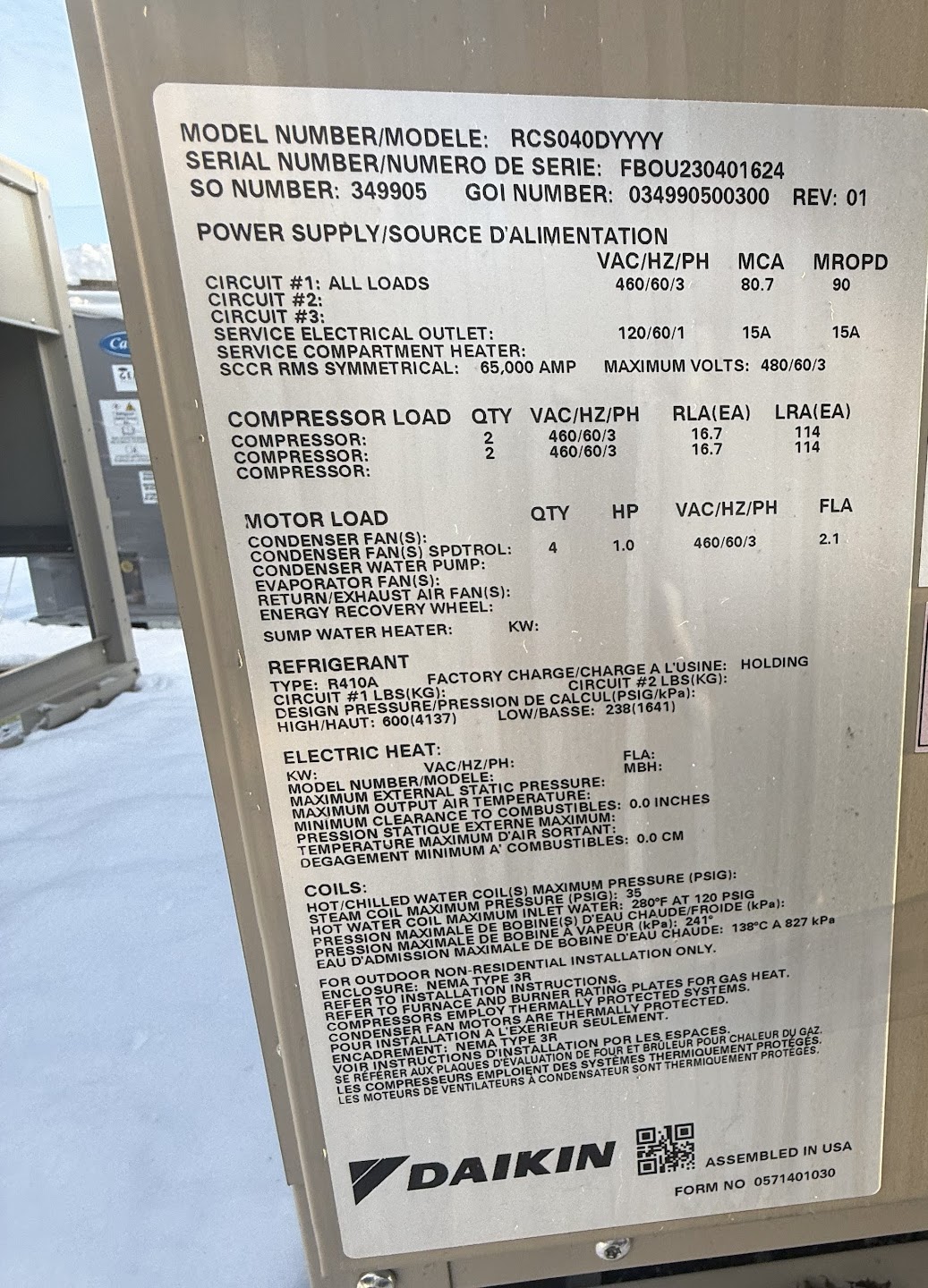 Photographed Daikin RCS040D equipment nameplate