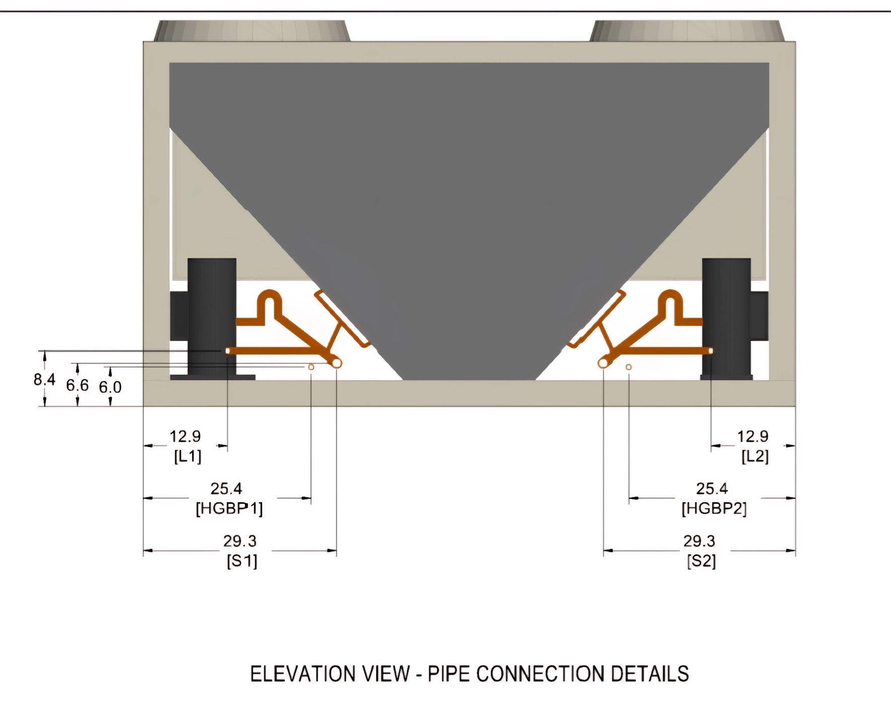 RCS040D elevation drawing with pipe connection locations