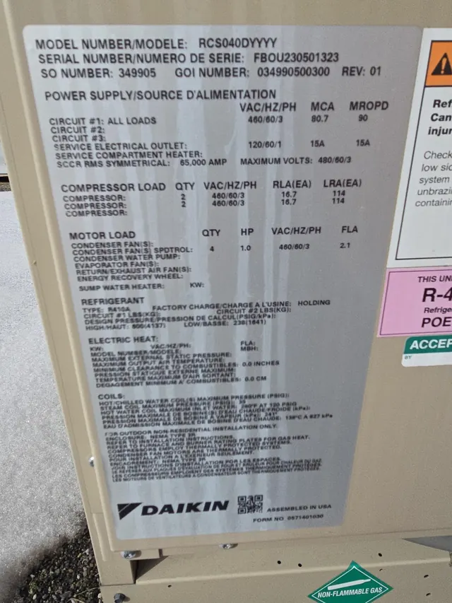 Photographed Daikin RCS040D equipment nameplate