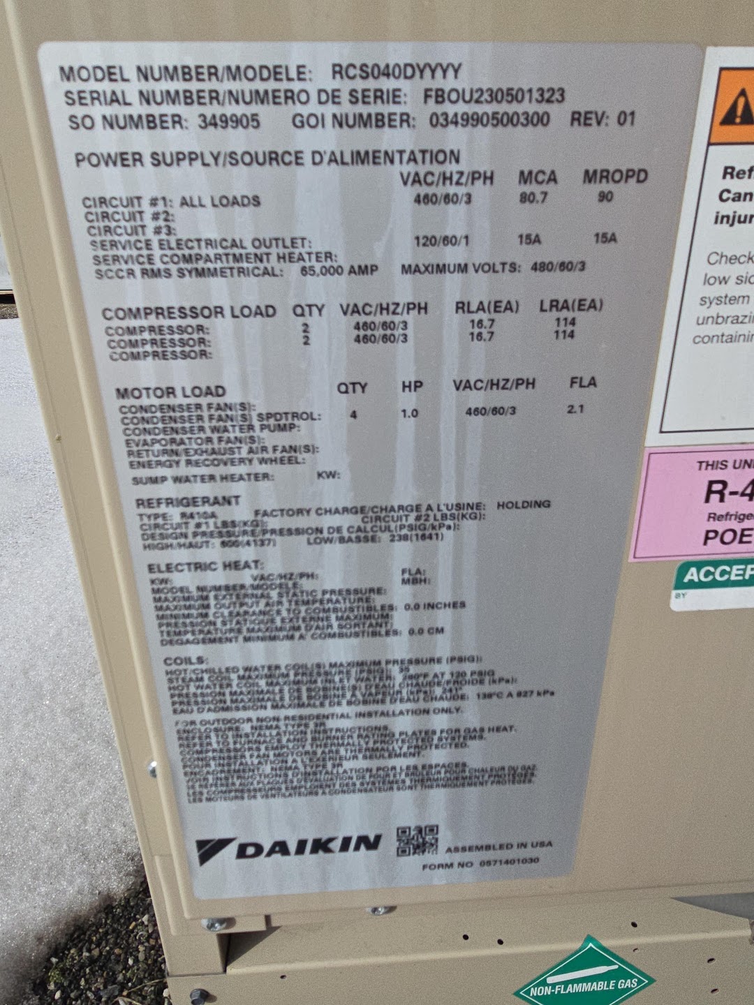 Photographed Daikin RCS040D equipment nameplate