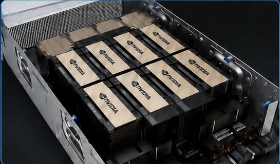 Eight NVIDIA H100 80GB SXM GPU modules inside ASUS server tray