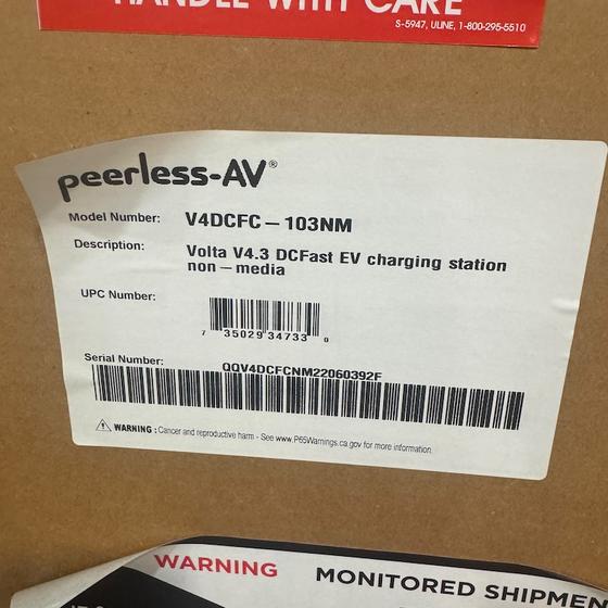 Volta V4DCFC factory label on crated DC fast charging station