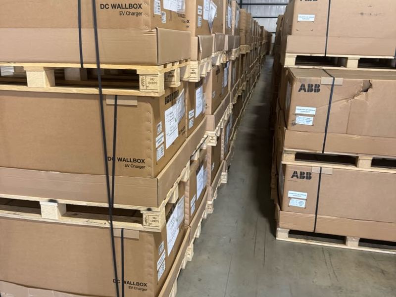 ABB DC Wall Box chargers palletized in third-party logistics warehouse