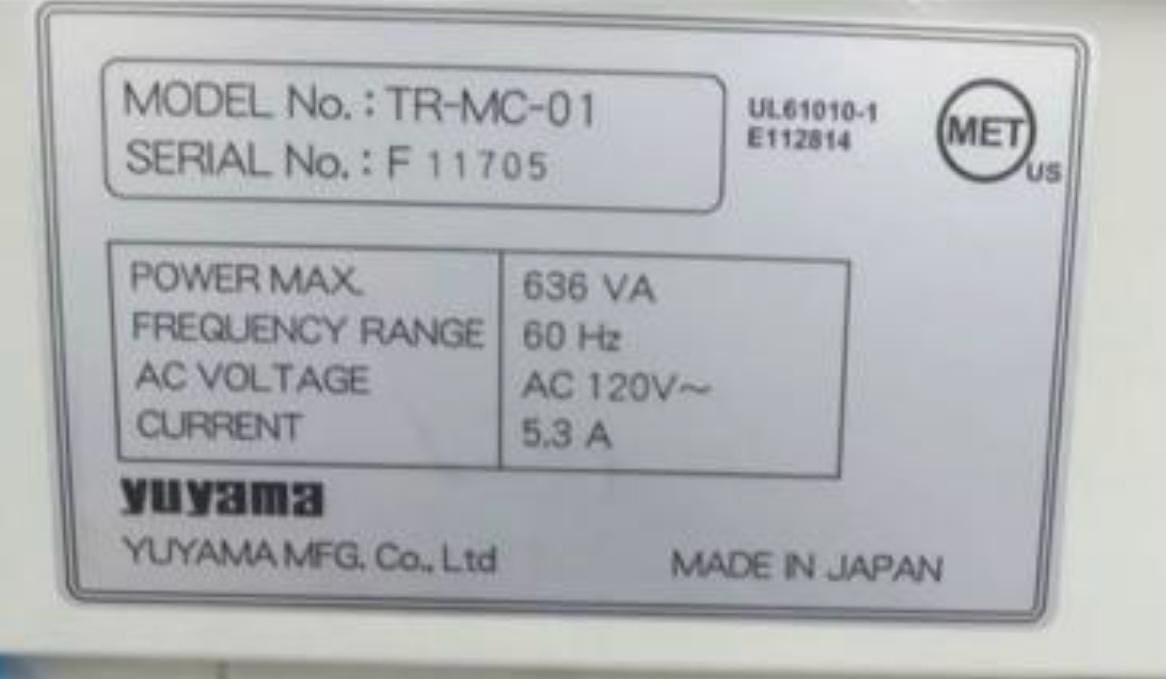 Yuyama TR-MC-01 nameplate UL61010-1 made in Japan